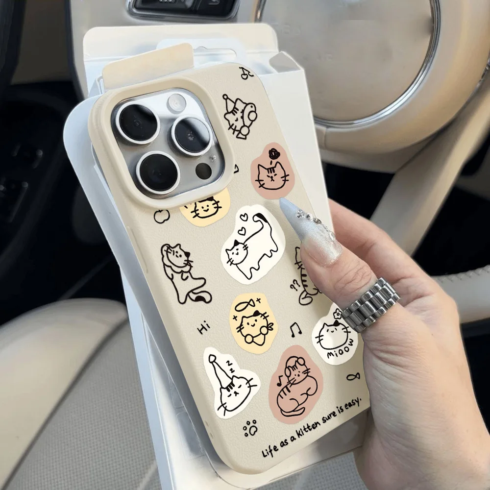 Lines Cute Cat Phone Case For iPhone 13 Case iPhone 15 16 11 12 14 17 Pro Max 17 Air Shockproof Bumper Soft Leather Cover Funda