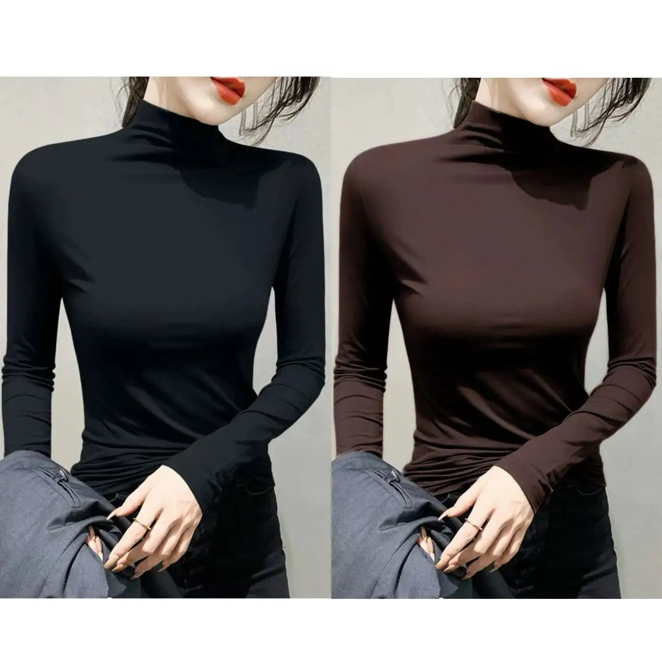 

plus Size Women's Fleece Lined Long Sleeve Base Shirt Slim Fit Half High Collar Top Inner Wear Outer Wear T-Shirt Autumn Winter