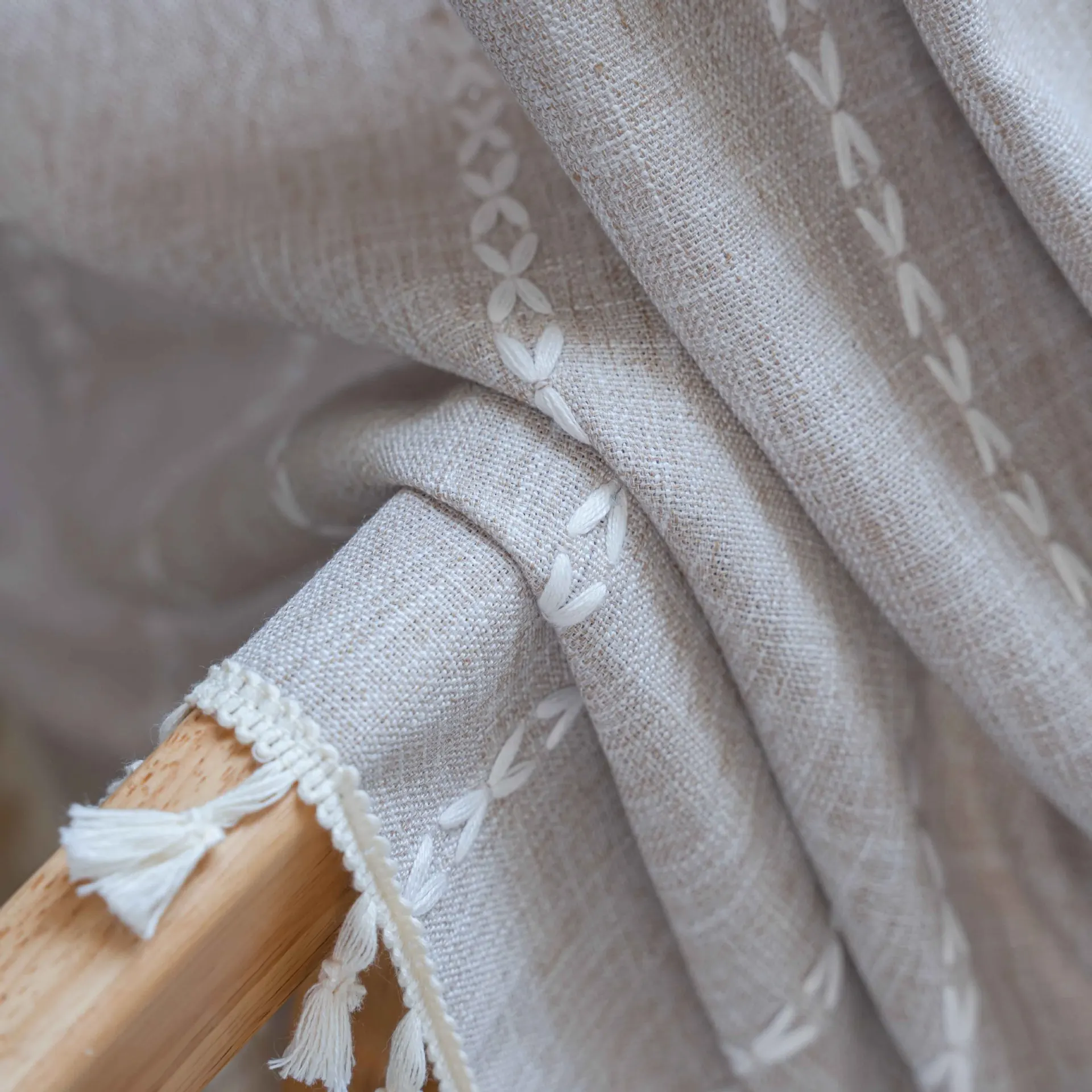 Cotton Linen Blending Curtains Road Pocket Shade Curtain Tassel for Kitchen Bedroom Living Room Bay Window Cabinet Curtain
