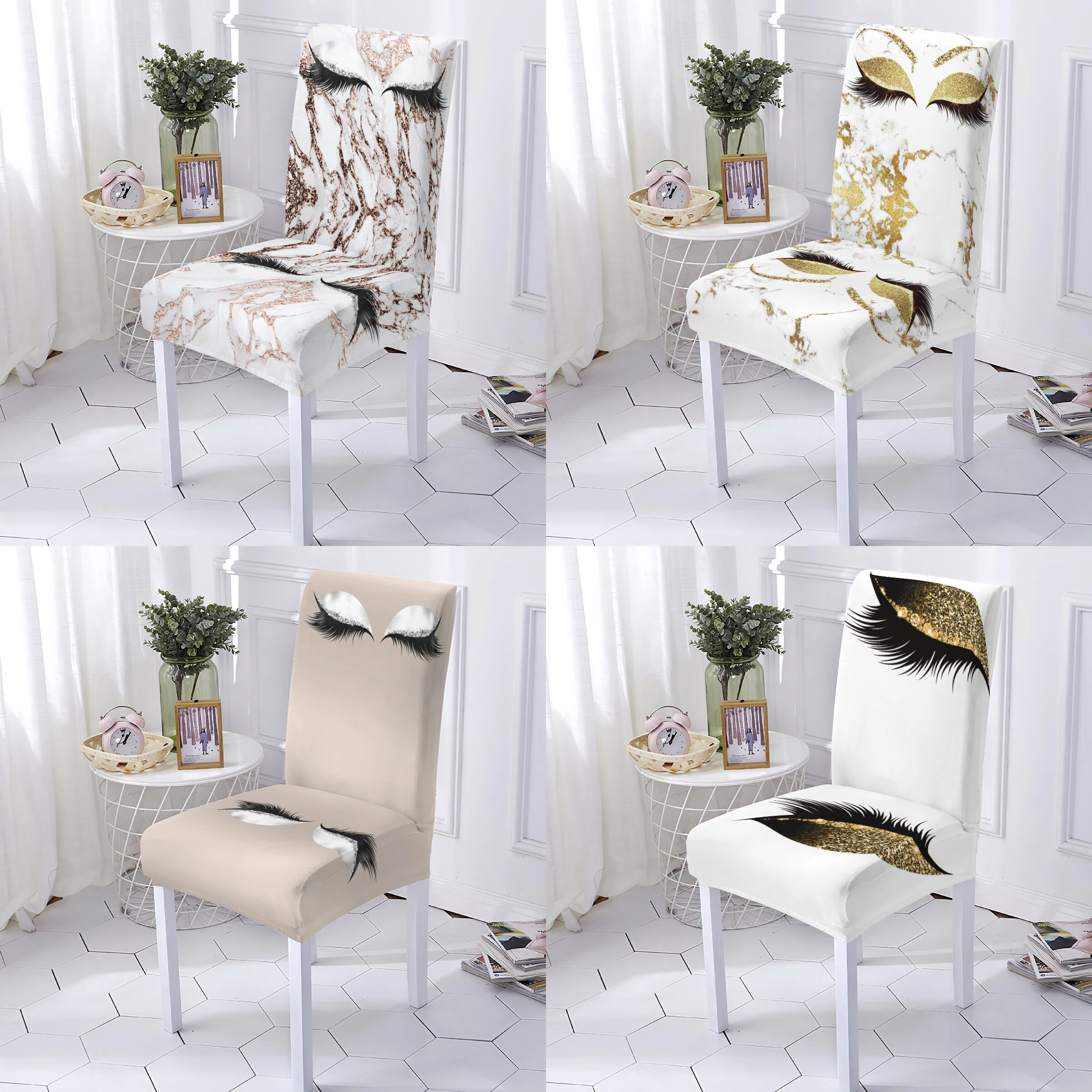 Eyelashes Style Chairs Covers Spandex Elastic Chair Slipcover Eye Shadow Pattern Home Removable Washable Seat Cover Stuhlbezug