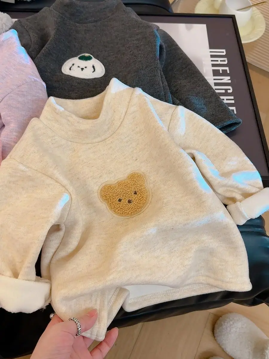 Thiened Wool Silk Base irt Autumn Winter Children's Thermal Top Girls Boys Warm Versatile Clothes Long Sve T-irt
