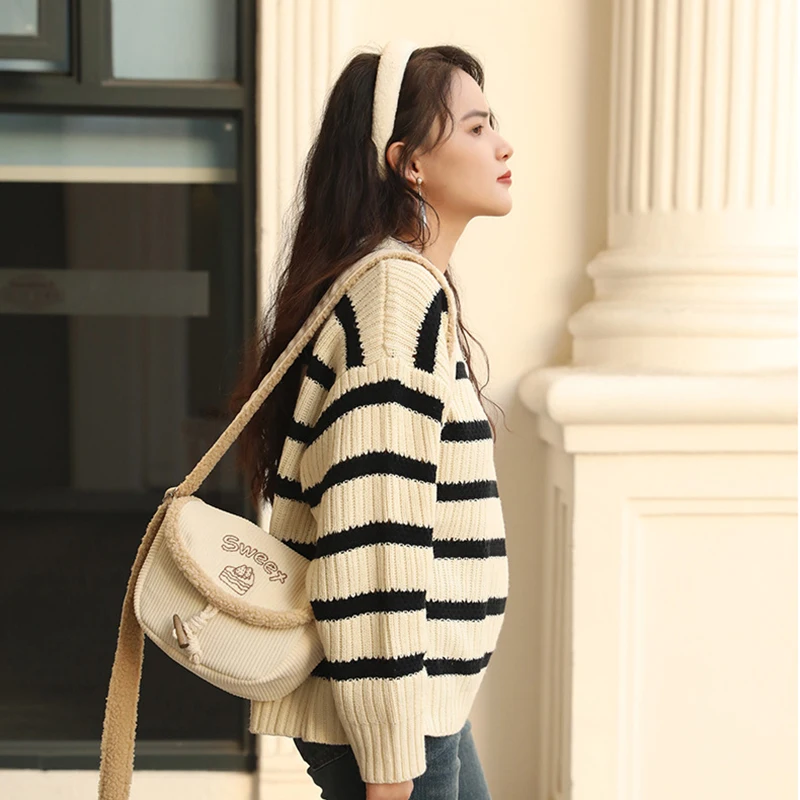 Autumn Winter New Korean Corduroy Bag Canvas Bag Women Crossbody Bag Cute Simulation Lamb's Wool Bag Saddle Bag Birthday Gift