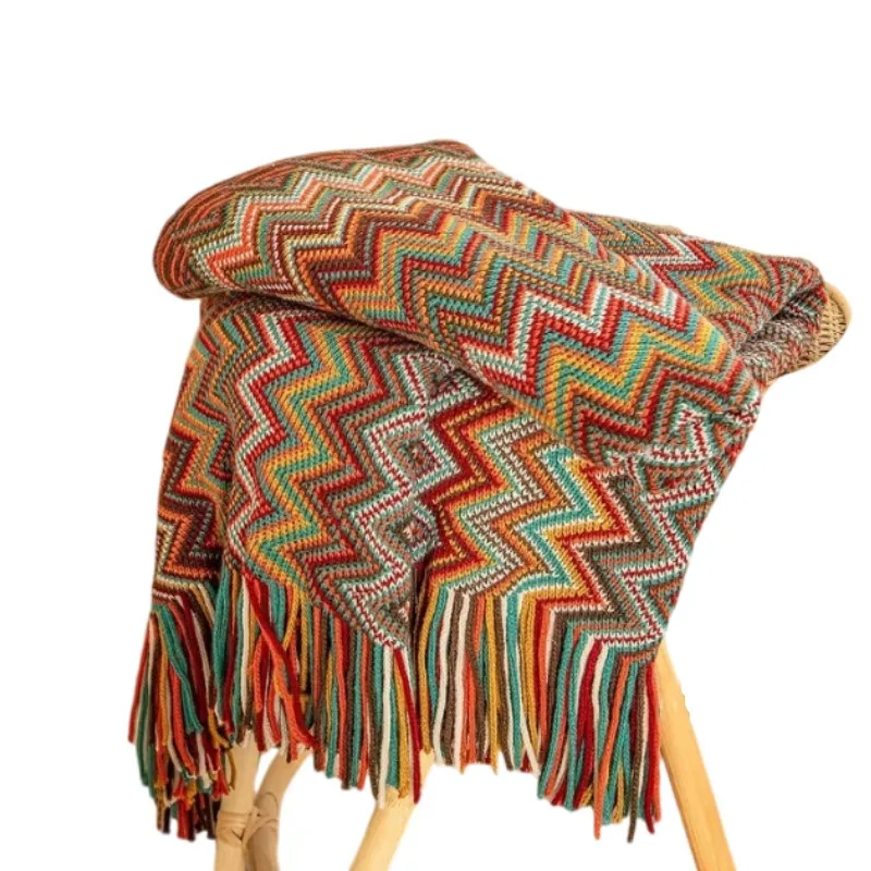 50x60'' Bohemian Boho Knitted Throw Blanket with Tassel Reversible Soft Cozy Lightweight Afghan for All Season Outdoor Use