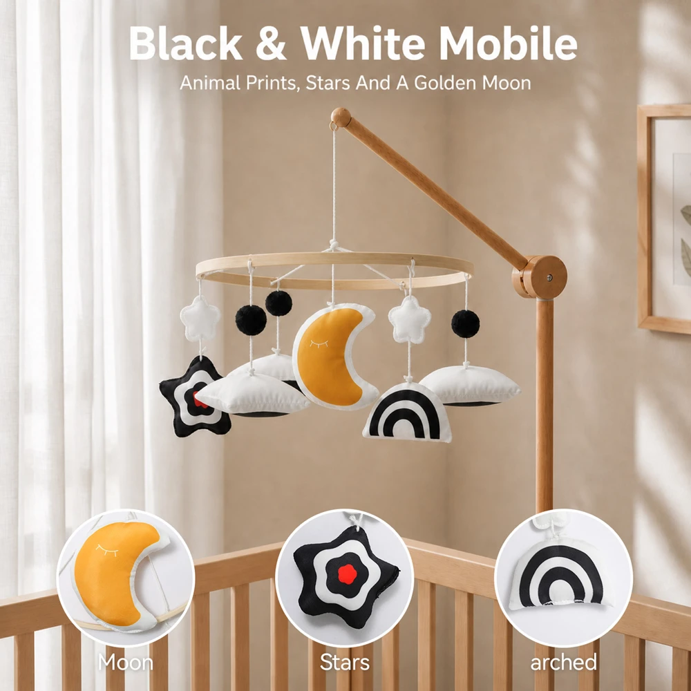 Baby Crib Mobile High Contrast Black White  Golden Moon Arch Soft Plush Pendants Wooden Ring Sensory Baby Bed Bell Rattle Toys