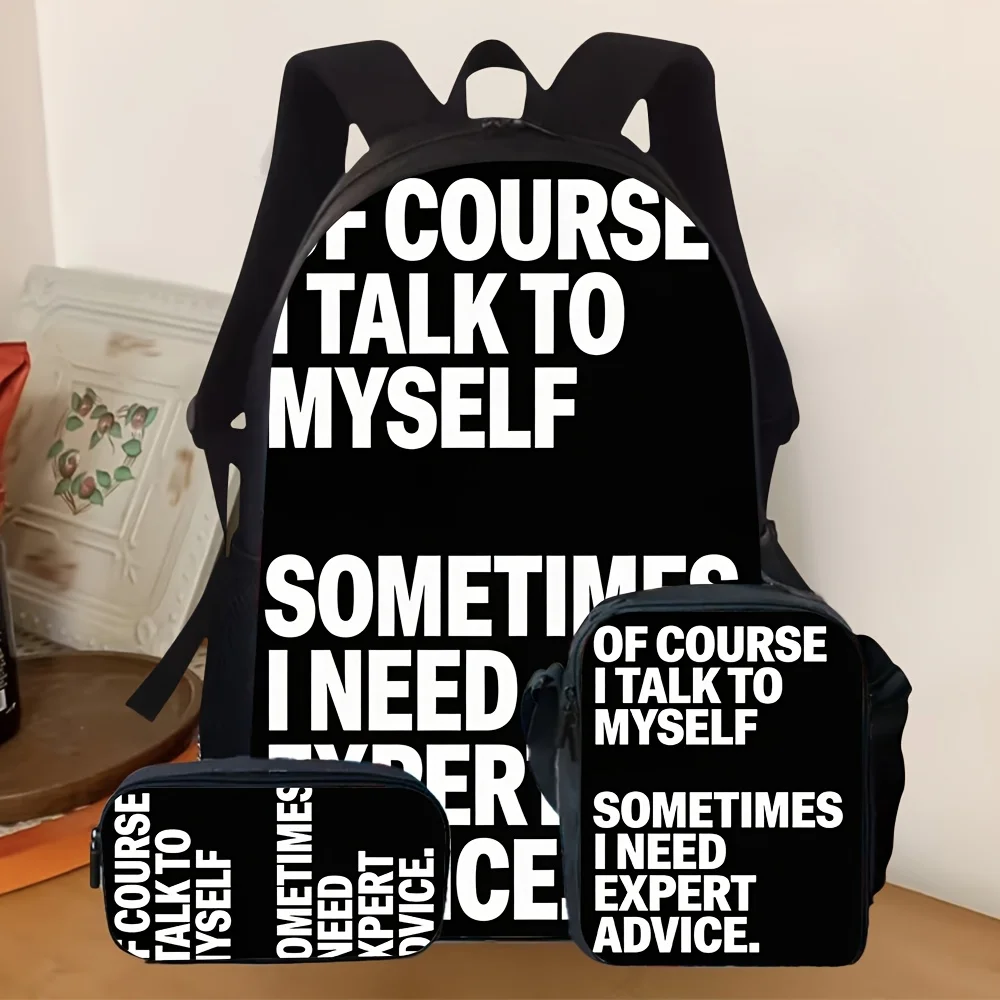 

3pcs 2D Flat Backpack Set with Interesting Text Print Suitable for Daily Commute School Travel And Various Casual Outdoor Activi