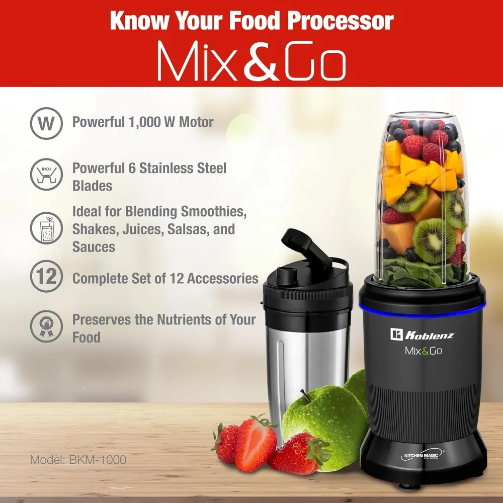 Koblenz Mix&Go Portable Blender, Personal Size Blender for Shakes and Smoothies, 1000-watt Motor, Stainless Steel Blades