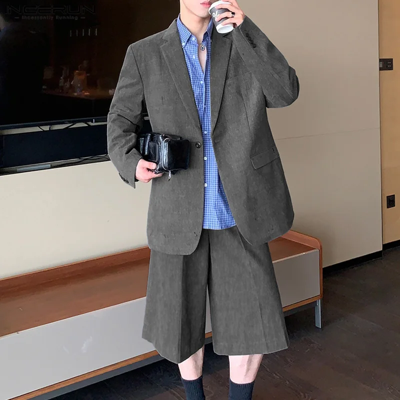 

INCERUN Men Sets Solid Color Autumn 2025 Loose Lapel Long Sleeve Blazer & Calf-length Pants 2PCS Streetwear Men's Casual Suits