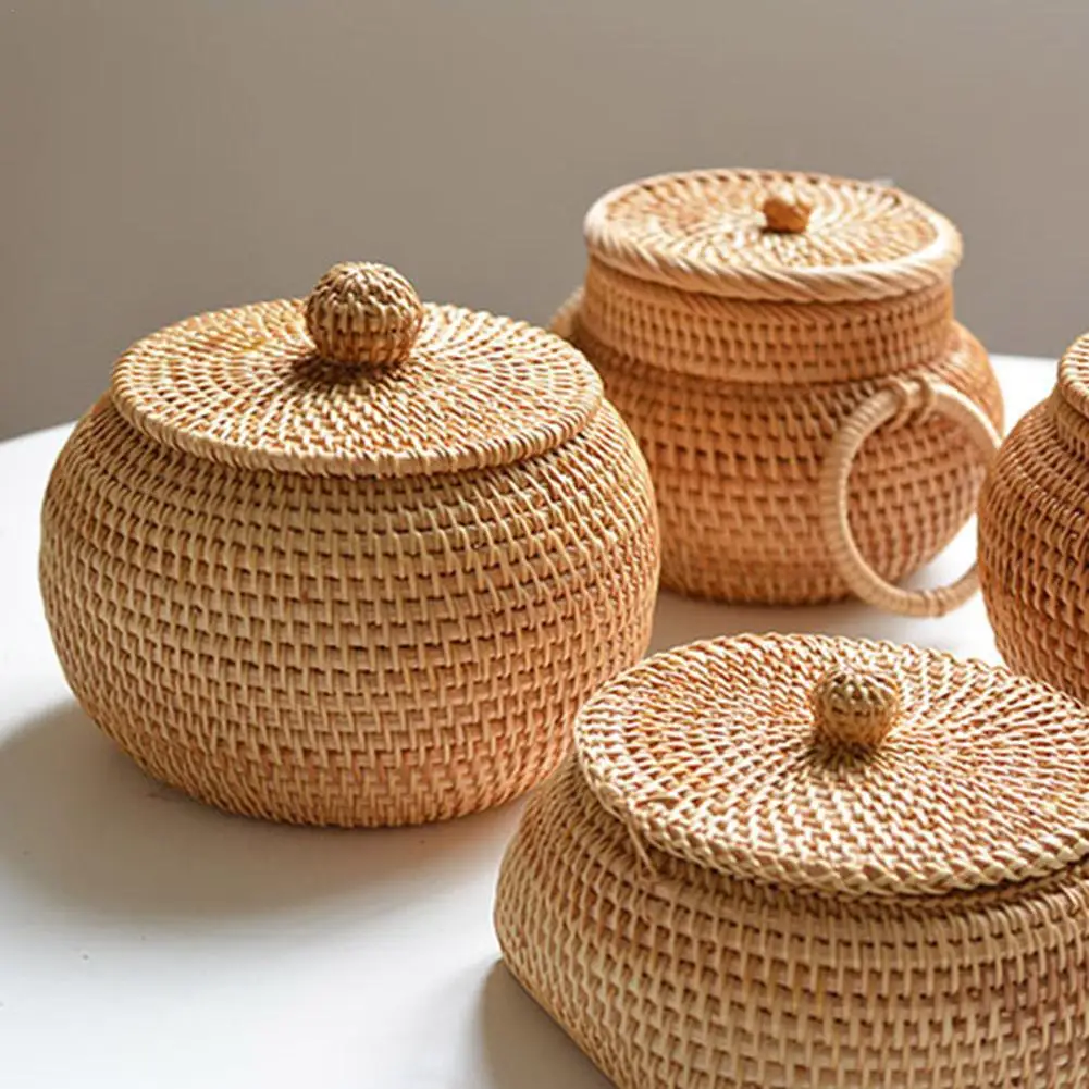 Round Rattan Box With Lid Hand-Woven Multi-Purpose Wicker Tray Desktop Decoration Storage Box Picnic Food Bread Storage Basket