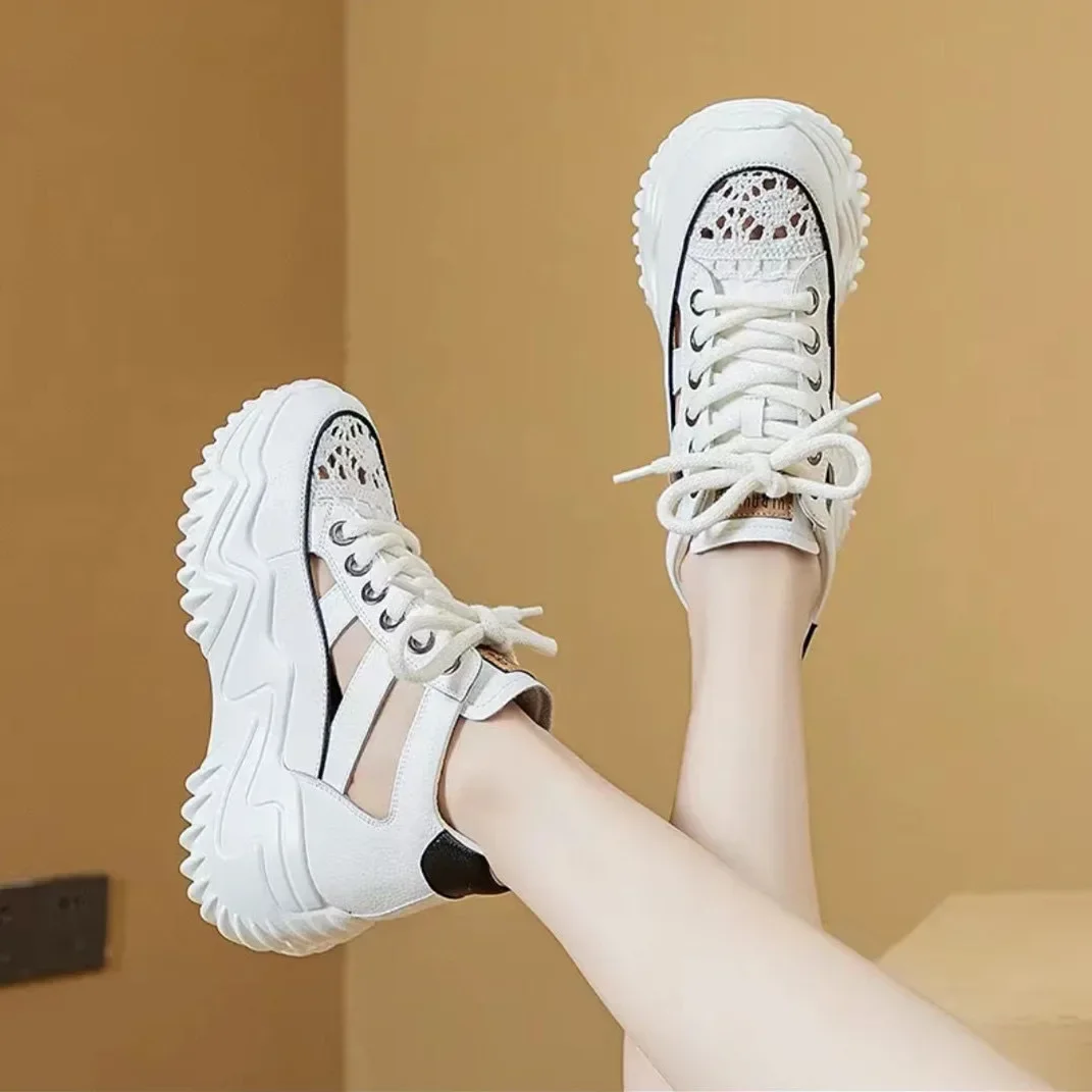 Hollow Out White Shoes Women 2024 Spring/Summer New Fashion Casual Wedge Sneakers Lady Elevated Soft Sole Breathable Dad Shoes