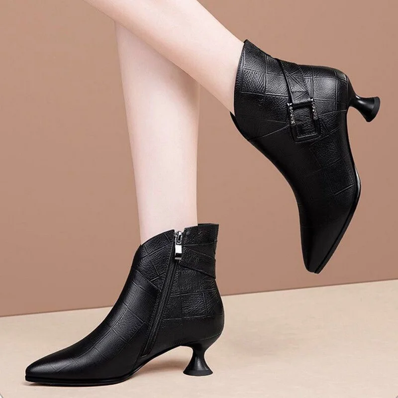 FHANCHU 2023 New Mid Heels Ankle Boots,Women\'s Short Booties,Buckle Winter Shoes Botas,Pointed Toe,Slip On,Black. Dropship