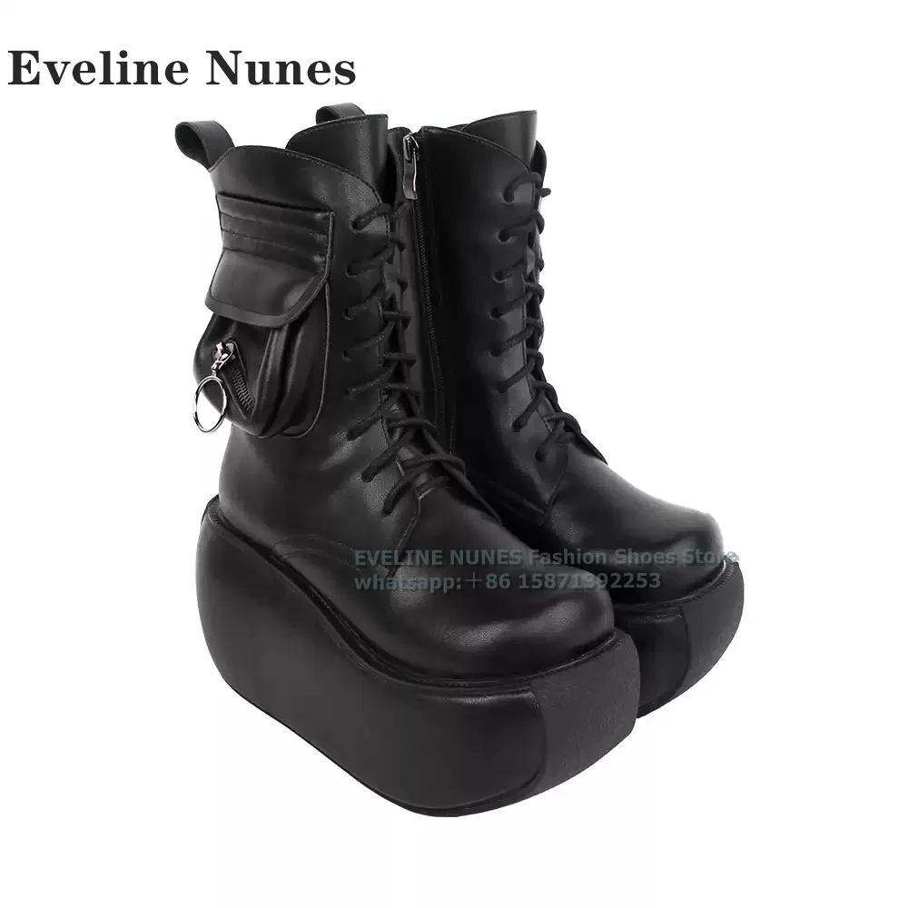 Pocket Zip Platform Thick Sole Ankle Boots Big Toe Height Increasing Cross Tied Black Patchwork Snow Boots Plus Size 2024 Winter