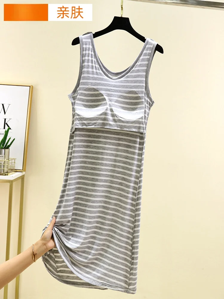 Modal Pad Tank Vest Summer Thin Home Striped Sp Dr Large Size Loose Can Be Worn outside Casual Long Dr