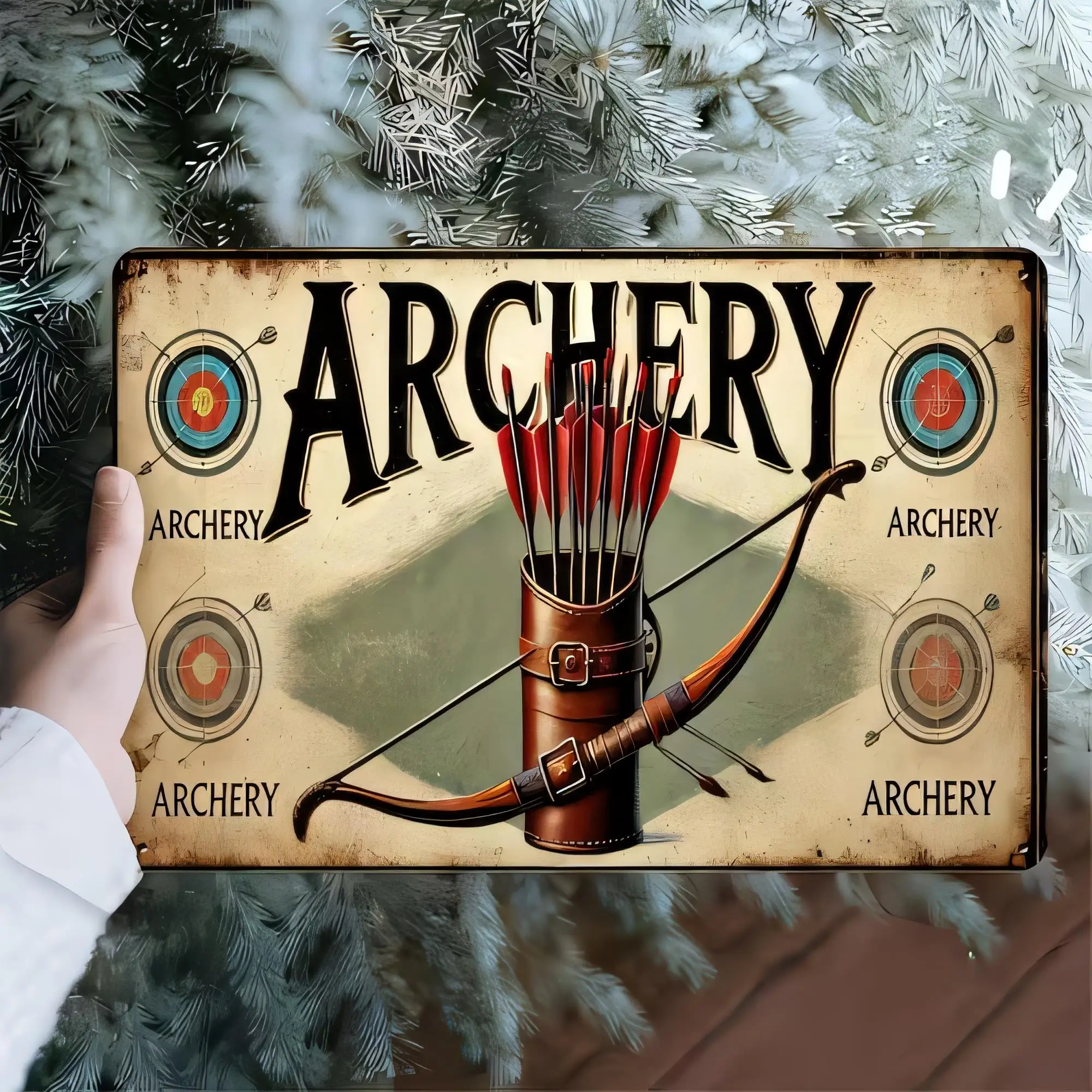 Tin Sign Archery Vintage Target Bow and Arrows Metal Wall Art Plaque Rustic Hunting Outdoor Decor for Man Cave Garage Bar Home O