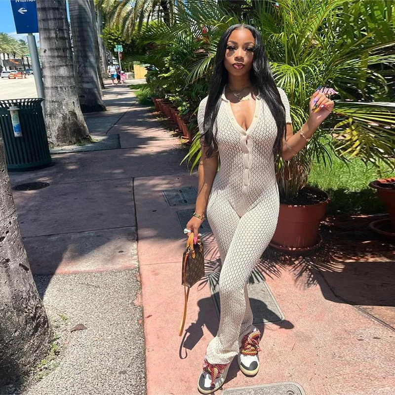 

Women Sexy Hollow Out Jumpsuit Single Breasted Polo-neck Short Sleeve See Through Skinny Streetwear Rompers Club Party Overalls