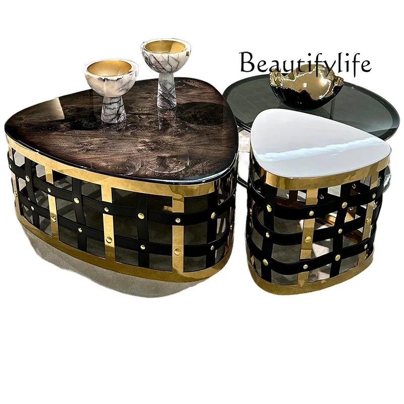 

Italian stainless steel coffee table combination high-end luxury villa marble small tea table customization