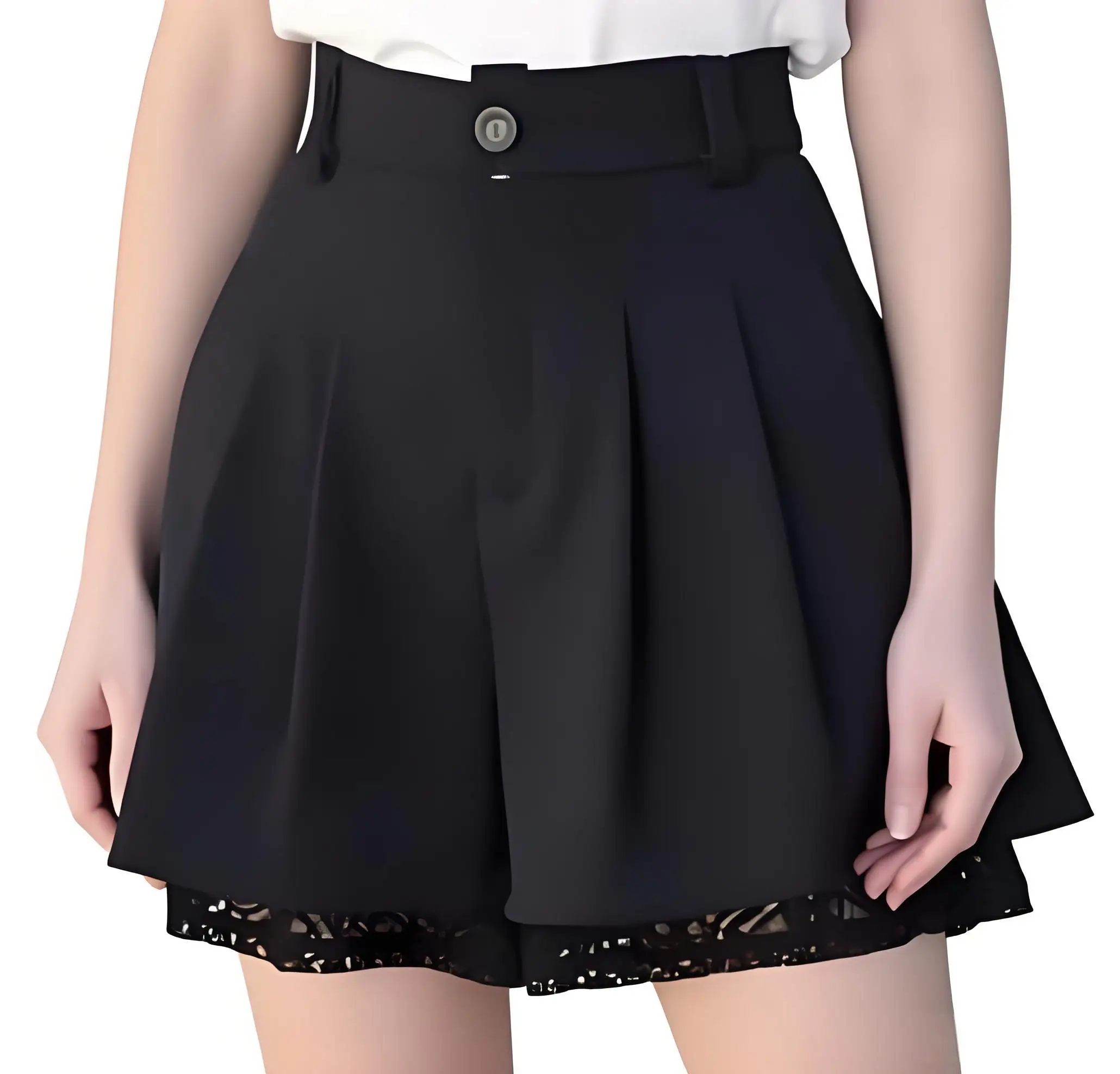 

Women Casual High Waist Tailored Trousers Culottes Pleated Wide Legs Floral Lace Trim Dressy Shorts Trousers Daily Office Wear