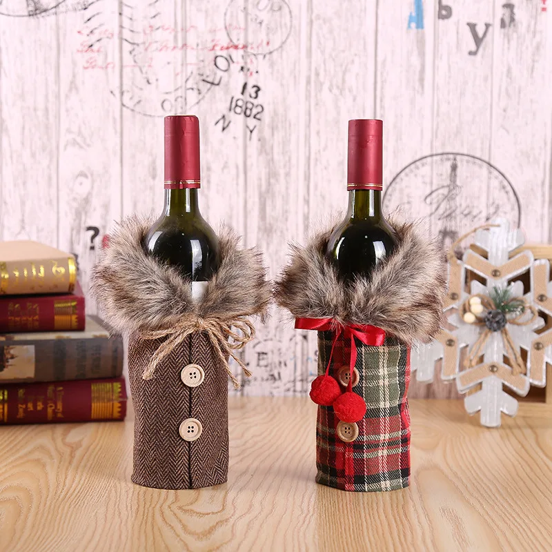 New Bow Burlap Wine Bottle Cover with Faux Fur Collar Christmas Holiday Wine Bottle Decor Home Party Table Decoration Ornaments