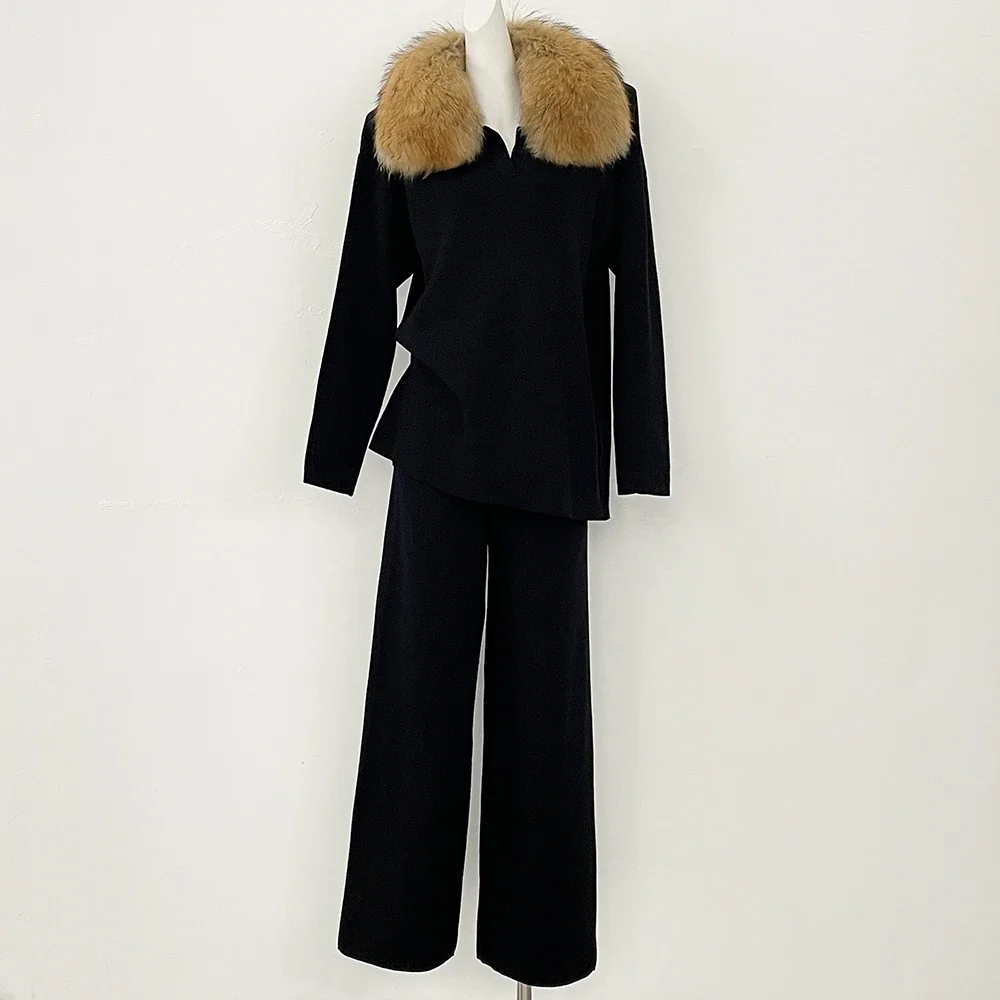 

Lady Real Fox Fur Collar Sweater Knitwear Knitted Set Spring Female New Autumn Knitted Real Fur Pullover Suit Woman Clothes