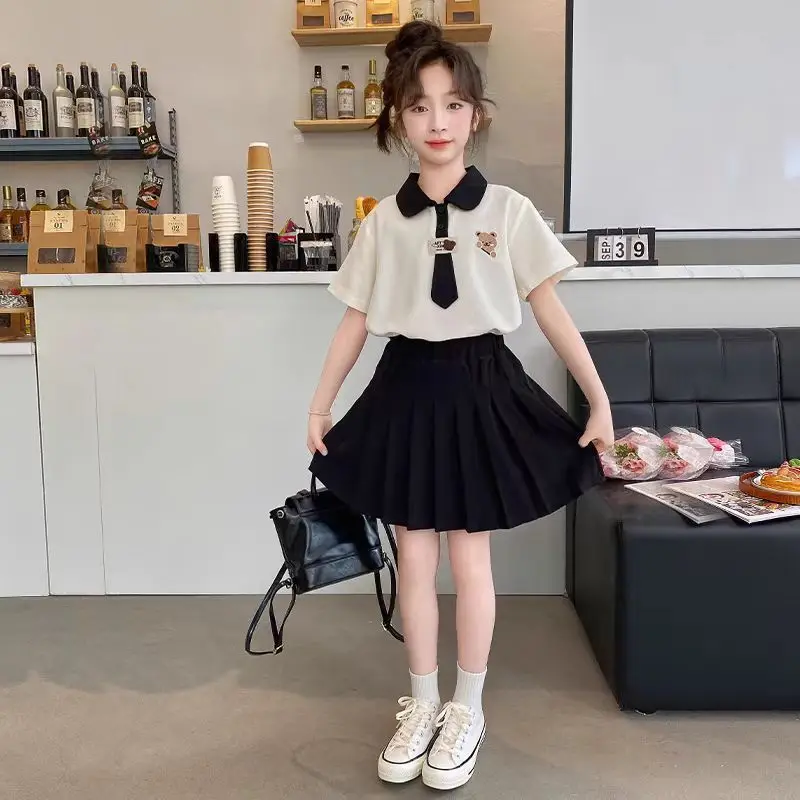 

2026 NEW summer Teenager Girls Cloth short sleeve bear JK tie T-Shirt + Pleated skirt dress children set 4 6 7 8 9 10 11 12 year