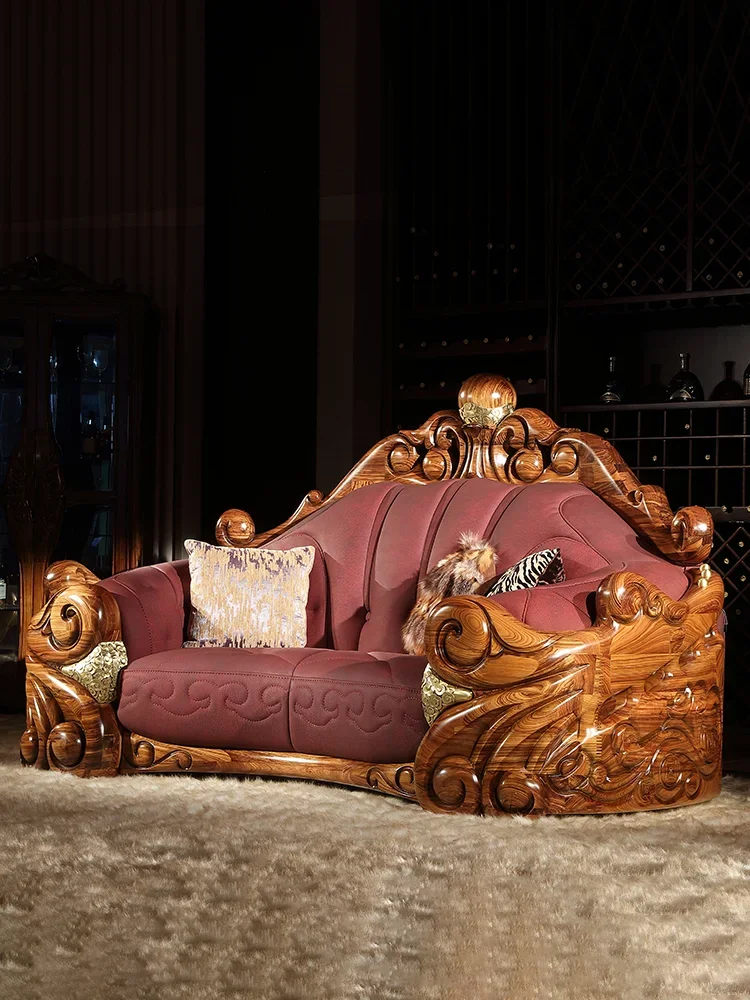 European leather solid wood sofa combination villa large apartment high-end luxury ebony wood carving flower furniture K3