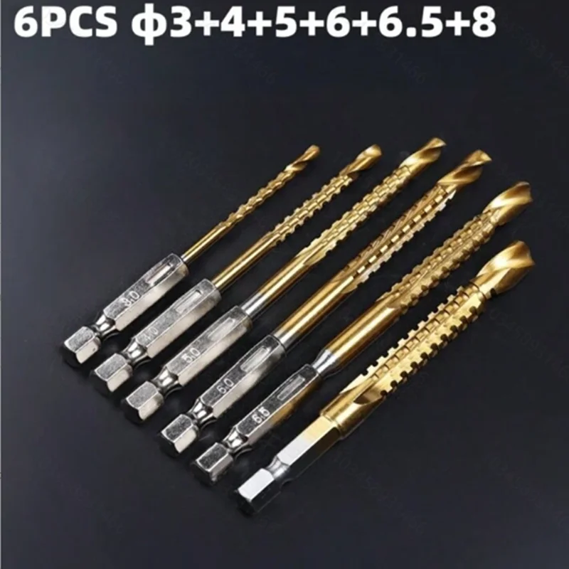 6-teiliges Set gezahnter Spiralbohrer mit Sechskantgriff für Holzbretter, Erweiterungsnuten, gezahnte Hochgeschwindigkeitsstahl-Legierungsbohrer – Detail 2