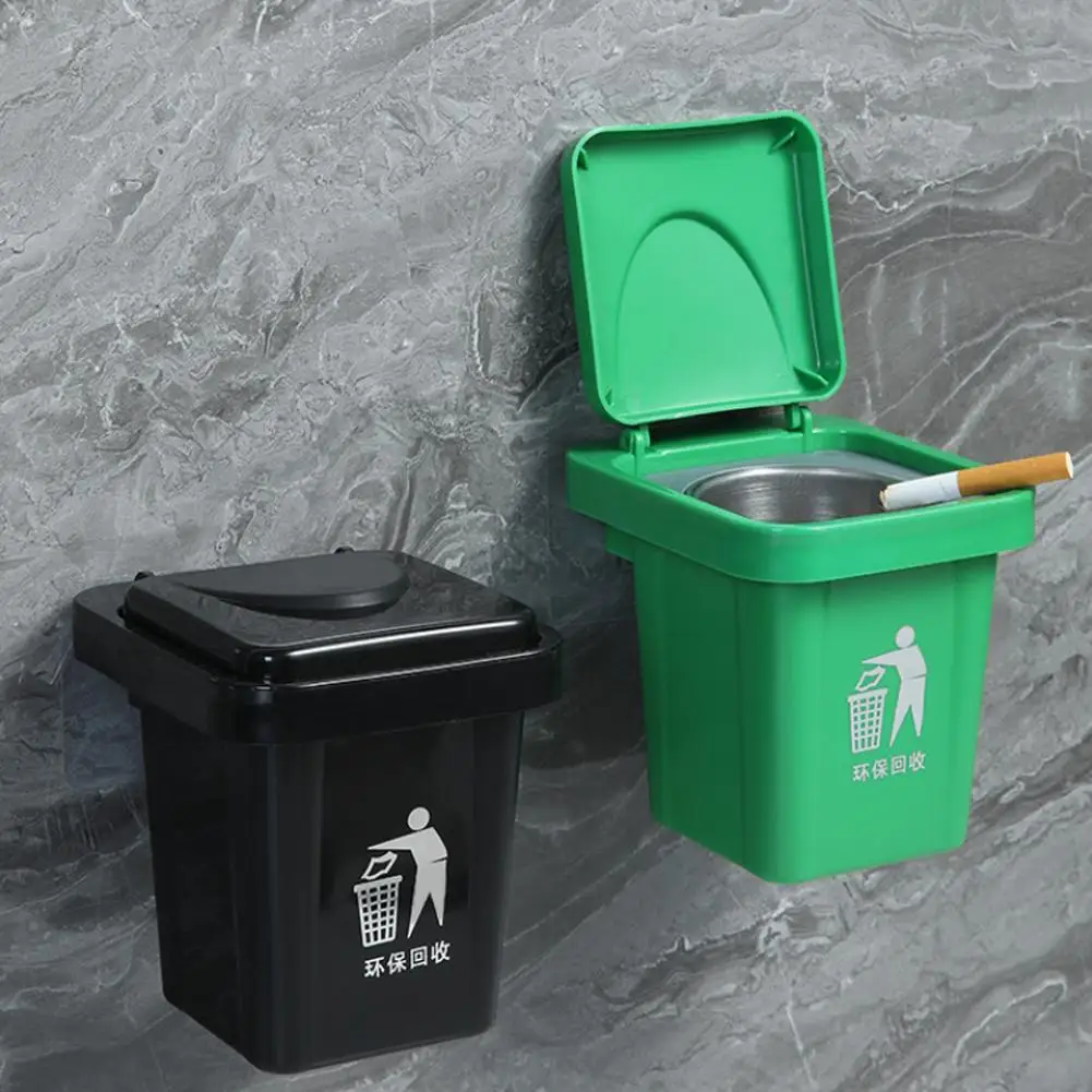 Edelstahl-Wandaschenbecher mit Deckel, Mülltonnenförmig, für Badezimmer und Wohnzimmer, Ascheabweisend, Bohrerfreie Badezimmerdekoration