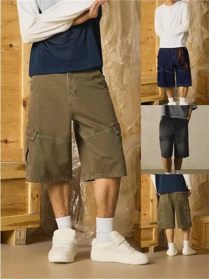Loose Fit Denim Shorts Workwear Multi-Pocket Men's Citywalk Summer Polyester Fiber Non-Stretch Five-Quarter Length