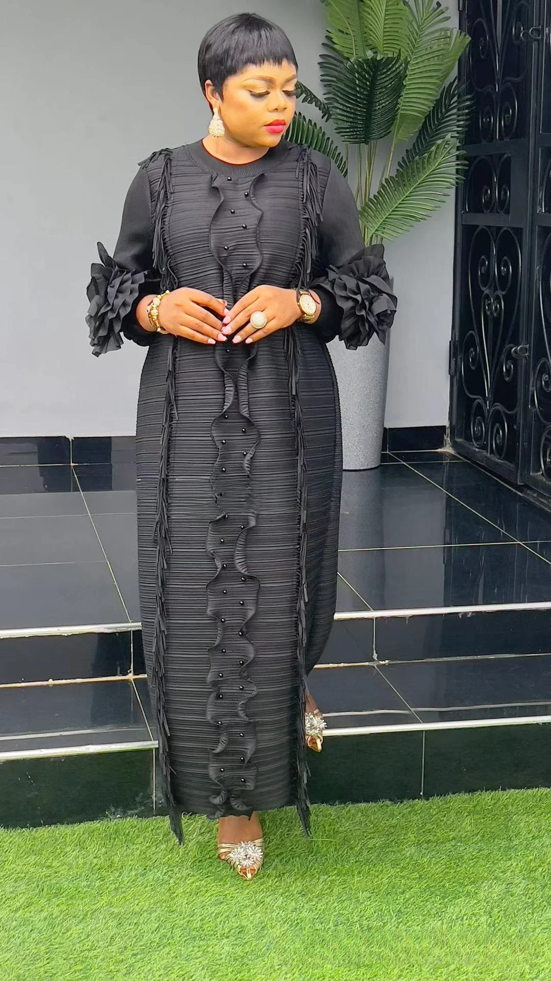 2024 Autumn Miyake Pleated Net Color Hand-cranked Flower Dress Laser Beaded Dense Edge African Loose Long-sleeved Dresses Women