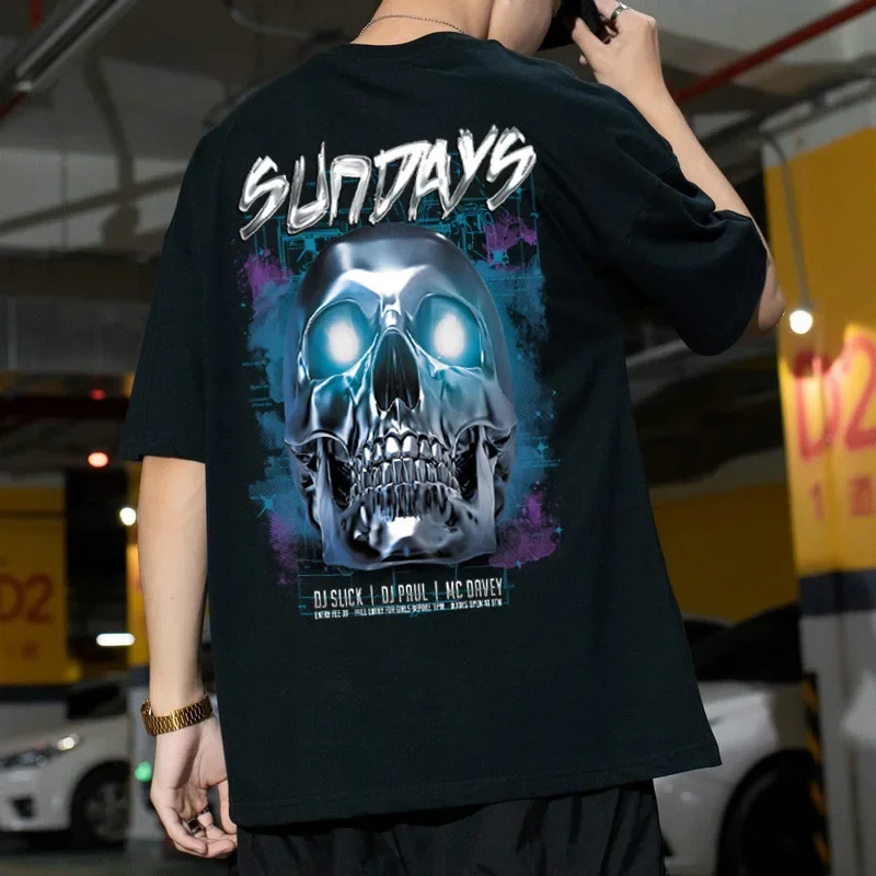 

Men T Shirt Gothic Thriller Skull Print Comfortable Cotton Men Tshirt Summer Cool Breathable Casual O-neck Short Sleeve Clothes
