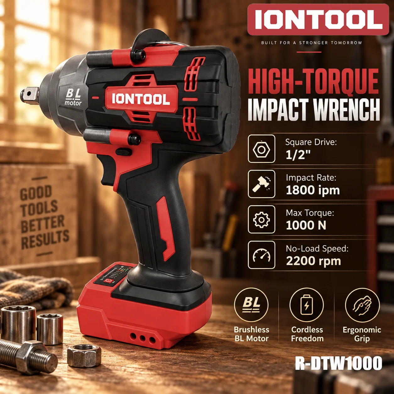 IONTOOL Red High Torque 1000N.m Cordless Brushless Impact Wrench for Car Repair Tire Change and Garage Workshop Power Tool