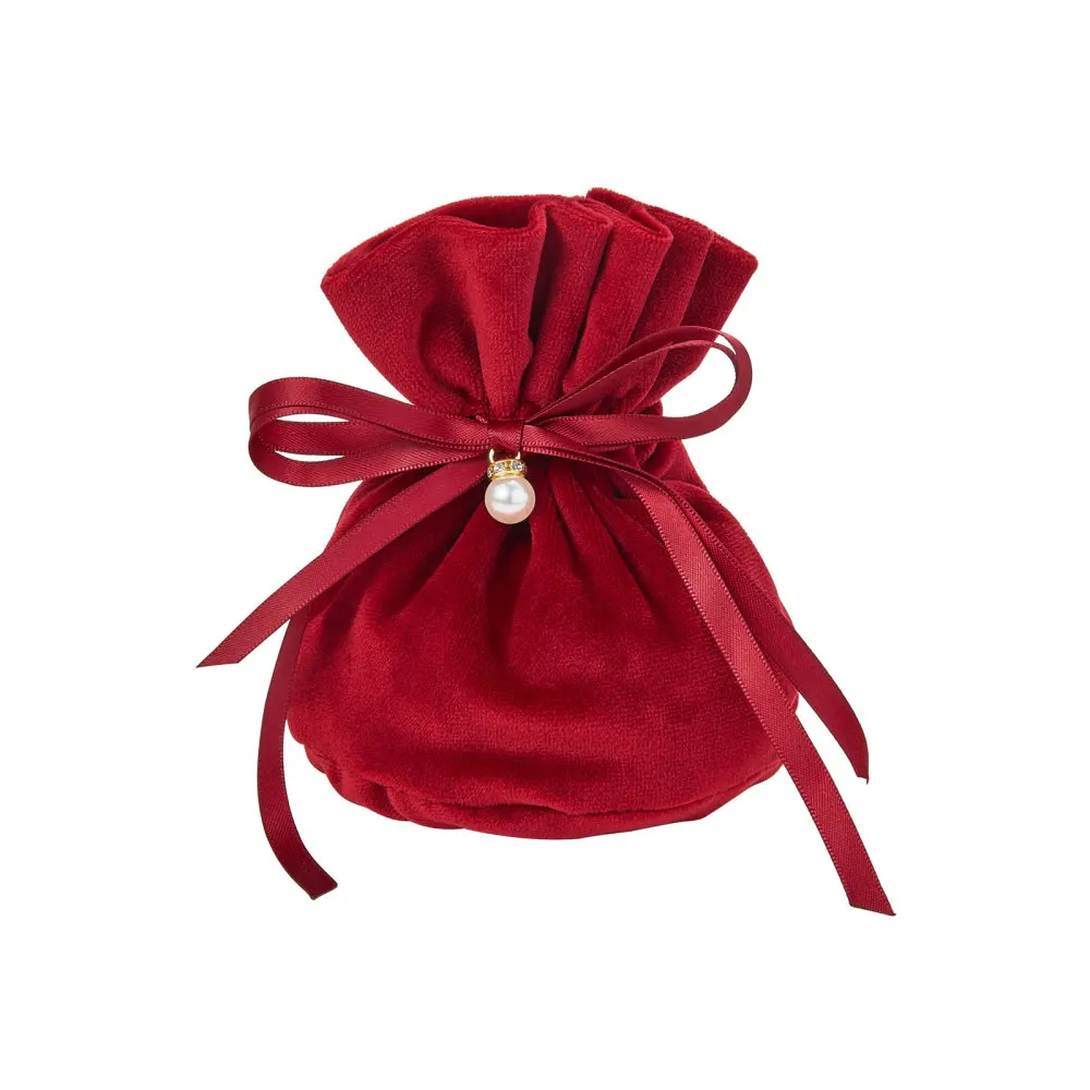 10 Pcs Dark Red Round Bottom Drawstring Velvet Cloth Gift Jewelry Candy Gift Bags with Faux Pearl Charm for Christmas Party