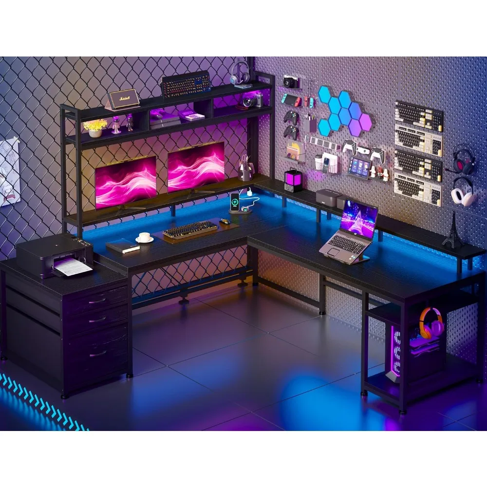 L Shaped Gaming Desk, Drawers & Storage Shelf Reversible Computer Desk with Monitor Stand & Power Outlets, LED Gaming Desk