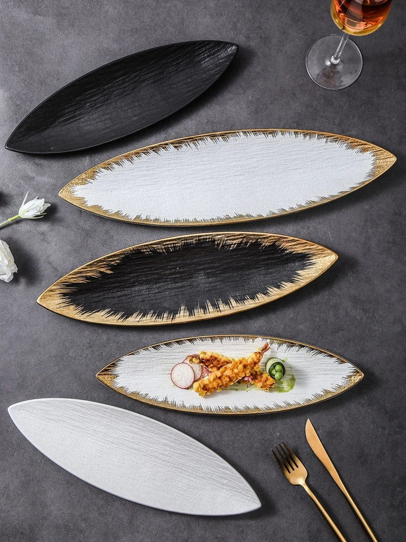 Leaf-shaped Japanese-style Plate Creative Restaurant Ceramic Dessert Tableware Dinner Plate Gold Rim Frosted Western Food Plate