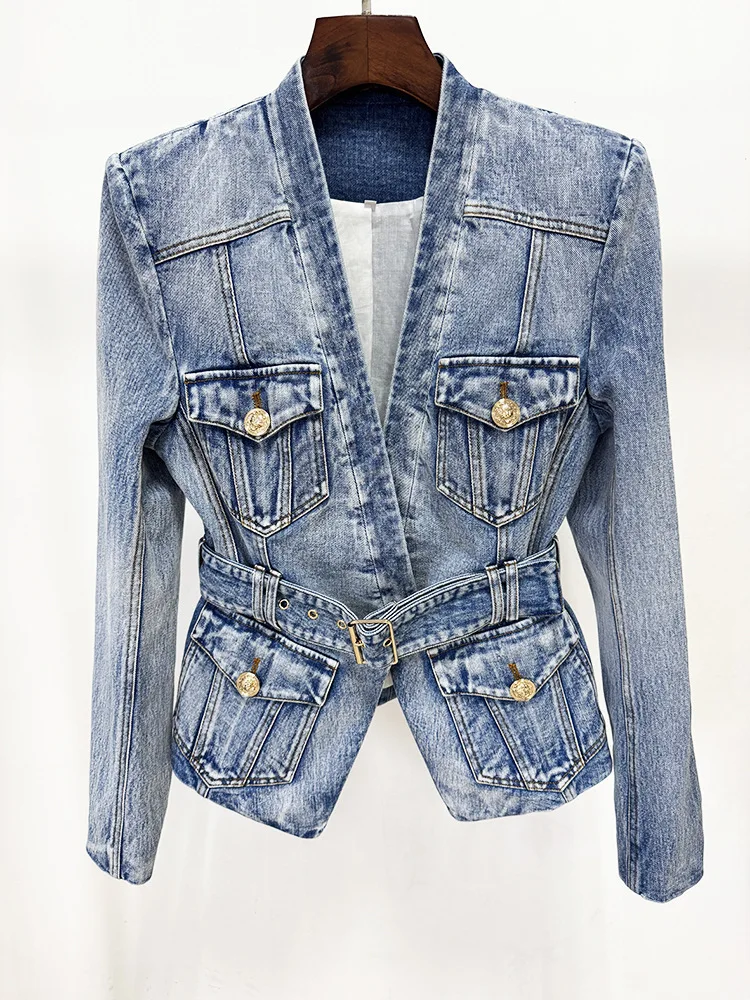TOP QUALITY Newest 2026 Designer Jacket Women's Belt Slim Fitting  Lion Buttons Denim Blazer
