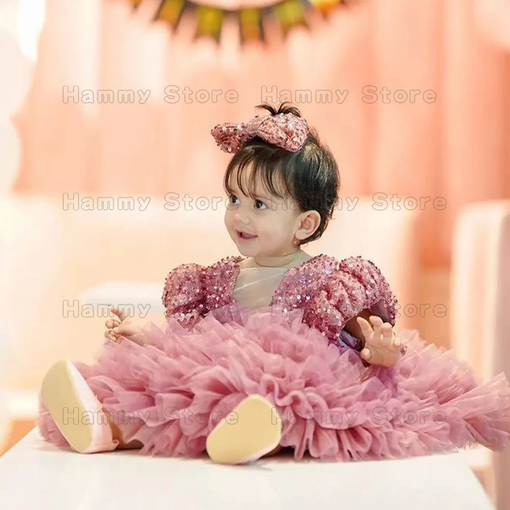 Cute Baby Girl Flower  Dresses Short Princess Sleeve V Neck Ruffles Tulle Glitter Sequin Birthday Party Gown Communion Dress