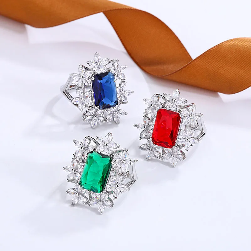 Brilliant Luxury Red/Green/Blue Cubic Zirconia Resizable Lace Ladies' Ring Engagement Proposal Date Gifts Girlfriend Jewelry