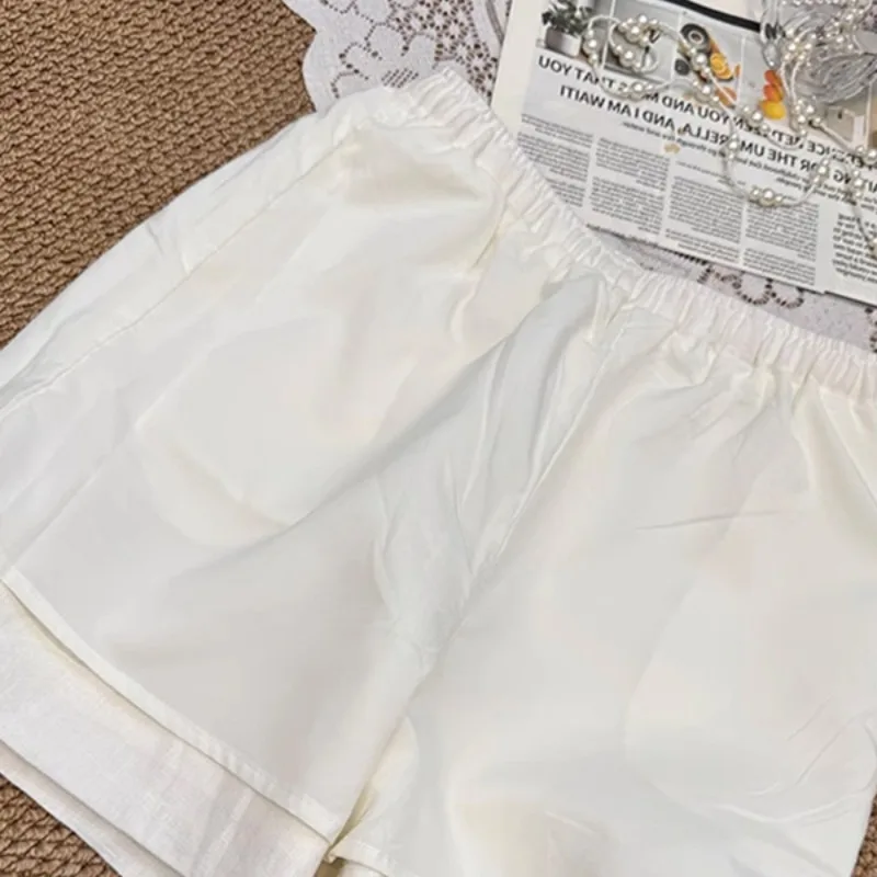 منفذ قوانغتشو الثالث عشر Fac الكتان الأبيض orts المرأة الصيف في الهواء الطلق عالية الخصر ألف خط بنطال ذو قصة أرجل واسعة عادية مستقيم الساق #5