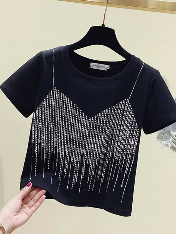 تي شيرت نسائي قصير الأكمام من القطن الخالص بتصميم ضيق ومرصع بأحجار الراين، مناسب للصيف، مقاس صغير، عصري وشبابي.