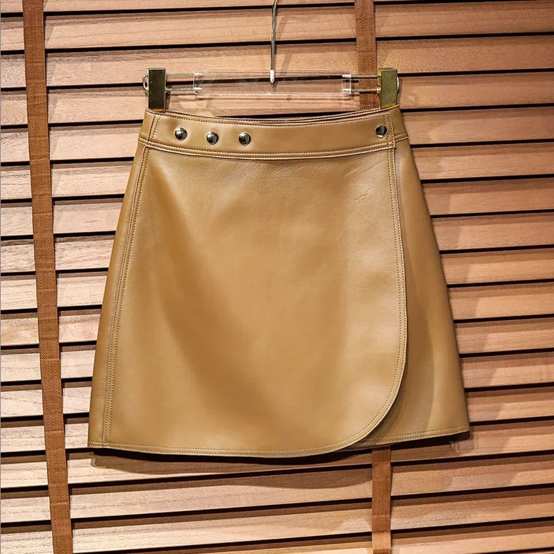 Falda de piel de oveja auténtica para mujer, Falda Midi de cintura alta, faldas de cuero de moda coreana, falda negra, ropa de calle, Jupe corto