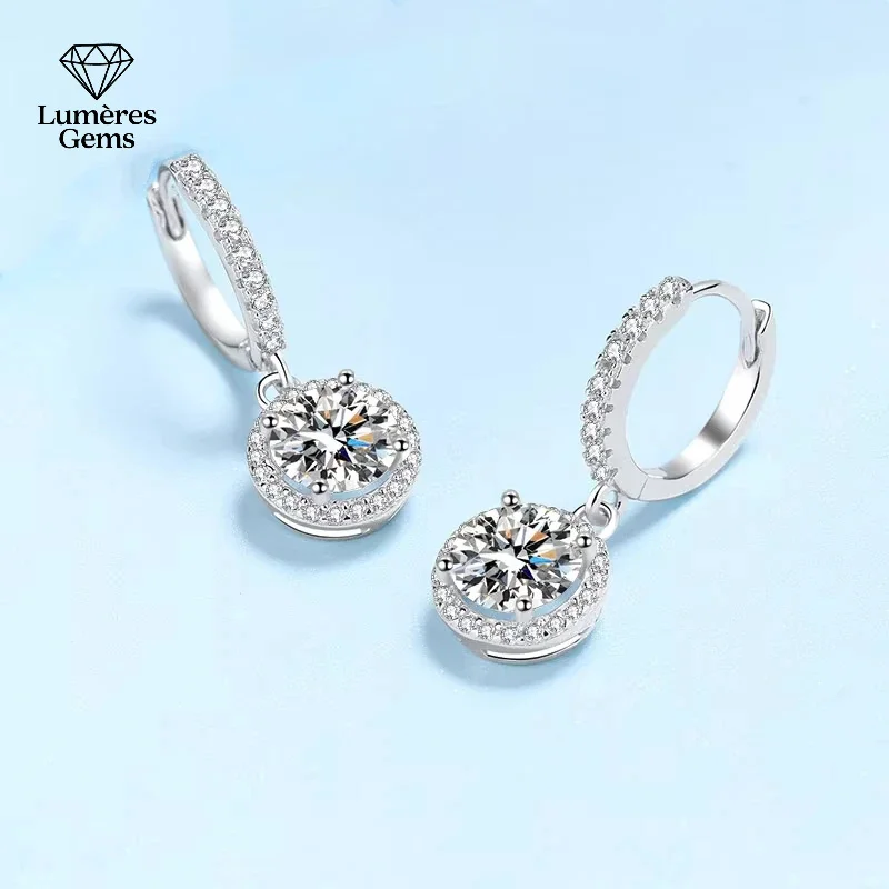 Girl Platinum PT950 Drop Earrings 1 Carat Moissanite Diamond Each round Wrap Ear Clips Fine Jewelry Birthday Gift for Women