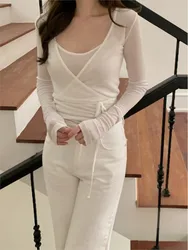 Sweet Solid Thin Slightly Transparent Two-piece Suit Women Casual Sexy Slim Long Sleeve Cardigan + Suspenders Vintage Chic Tops