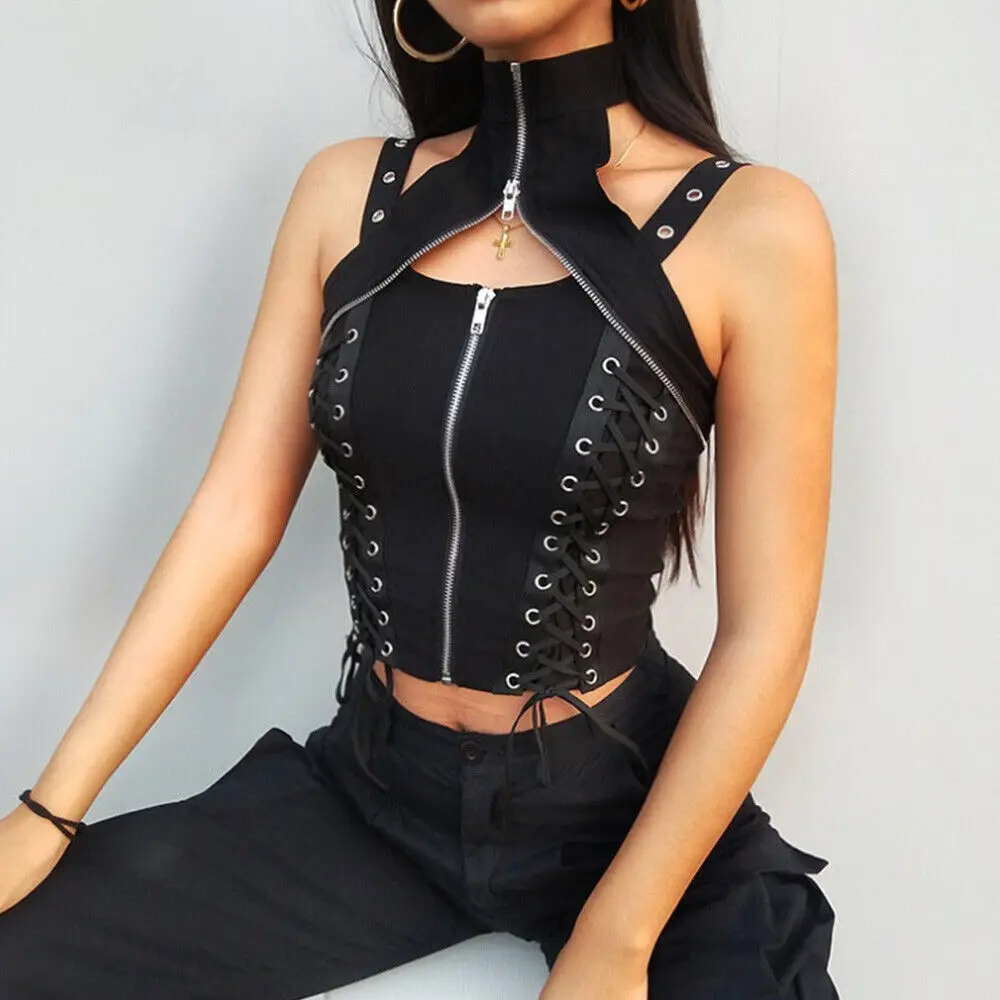 Sexy Lace Up Crop Tank Tops Gothic Punk Zipper Vest T-Shirt Camisole Tops