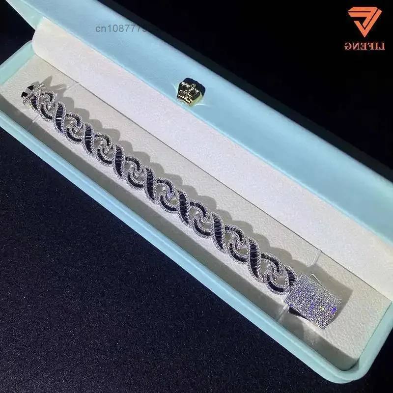 

New Design Custom 925 Silver Jewelry Hip Hop Black Diamond Baguette Cut Cuban Link Chain Bracelet Bangle VVS Moissanite Men