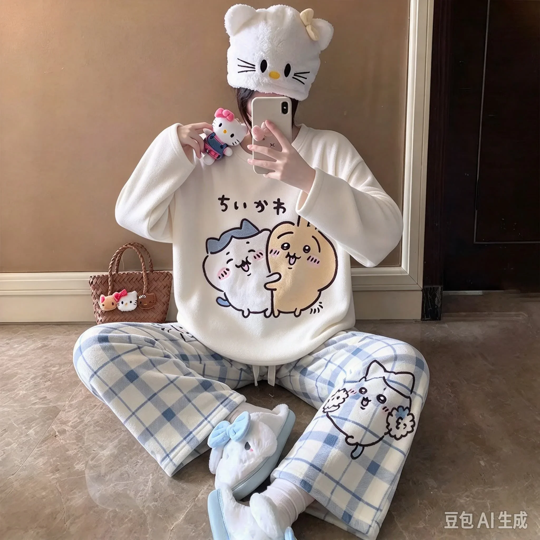 2027 Hachiware Chiikawa Character Print Pajamas Set Fleece Top Winter Cozy Flannel Home Sleepwear Cartoon Family Matching