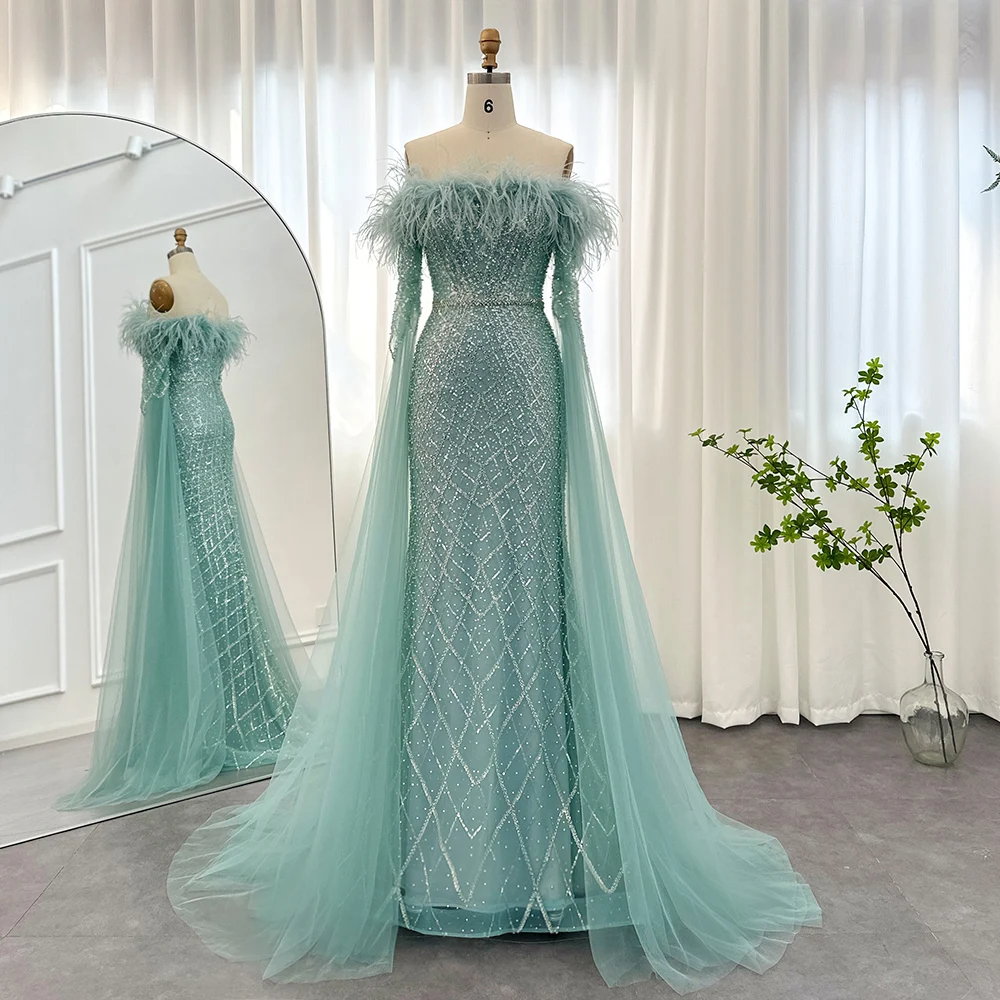 Luxury Off The Shoulder Feather Evening Dresses Elegant Sexy Long Sleeve Slim Floor Length Formal Banquet Party Gowns