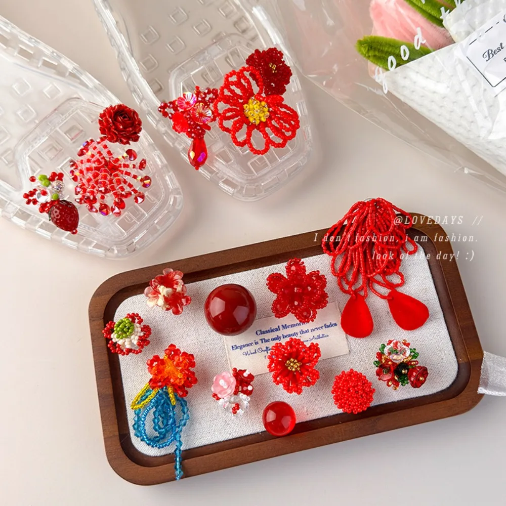 Handmade Red Beaded Flower Shoe Charms for Clog Bride Wedding Decoration Premium Sparkling Elegant Lightweight Daily Accessories