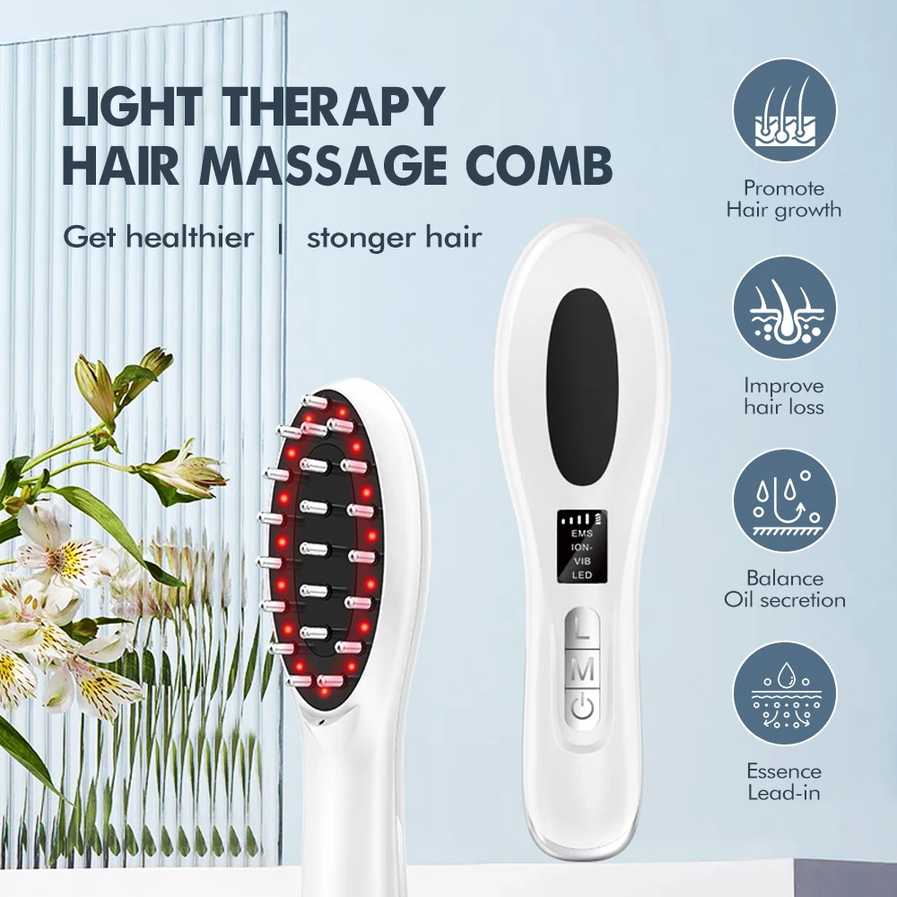 EMS Vibration Electric Head Massage Comb Negative ion Red Light Therapy Hair Growth Scalp Massager Brush Medicine Applicator