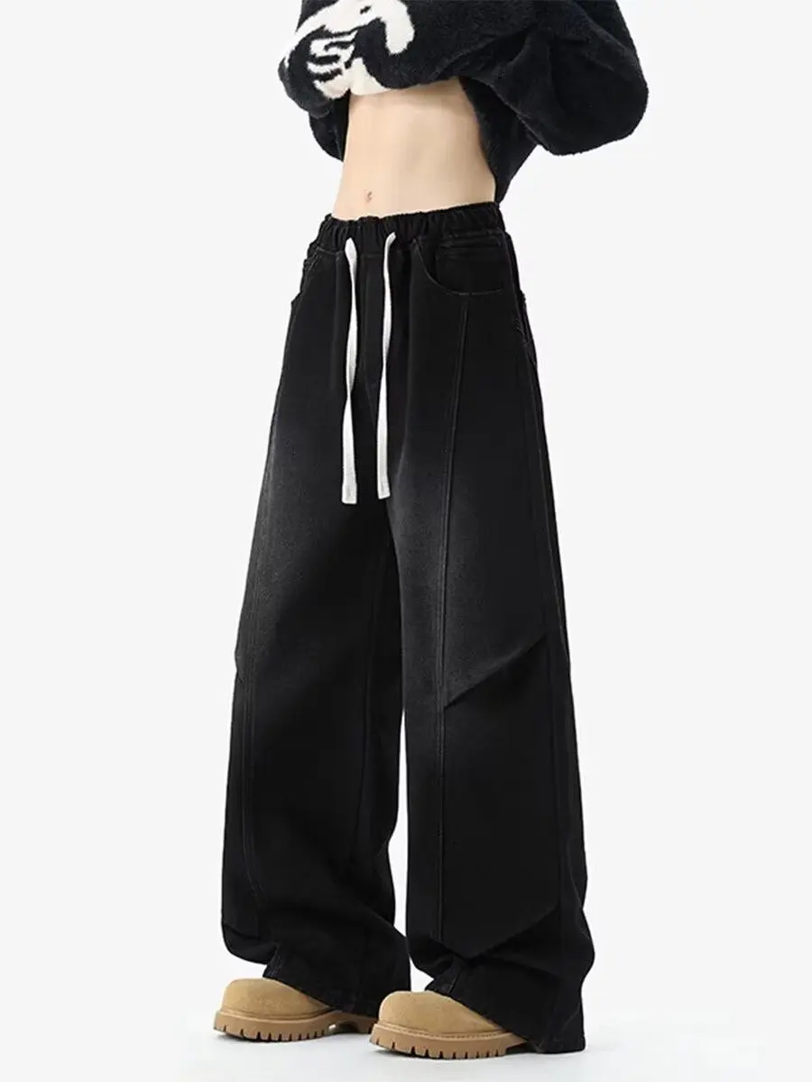

Retro Japanese Sle Bla Waed out Jeans Men's Loose Straight Leg Elastic Waist Dstring Trousers Youth Faion Casual Wear