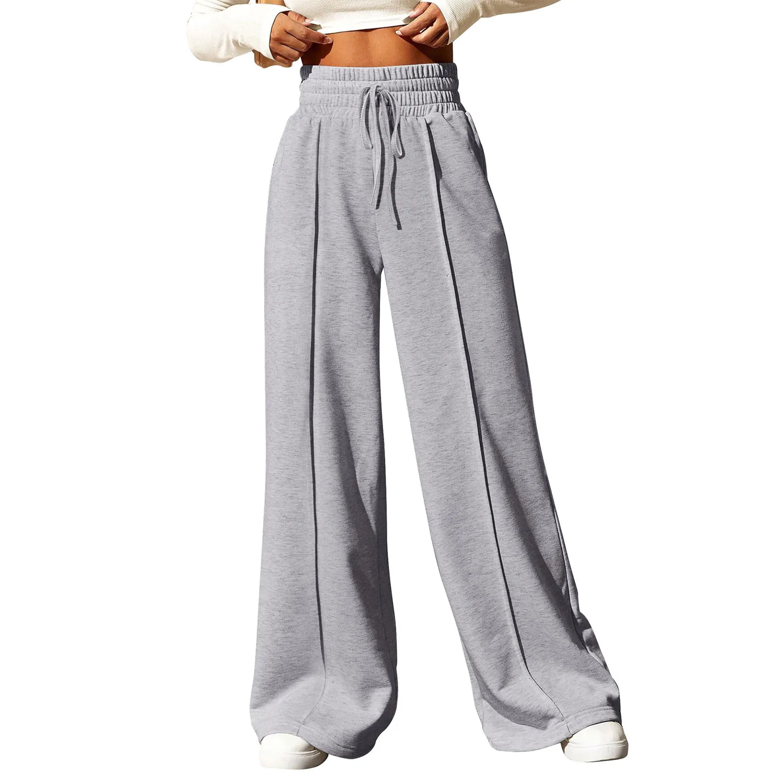 Women\'s Fashion Solid Colour High Waisted Drawstring Waist Wide Leg Sweatpants with Pockets Casual Loose Yoga Pants NEW 202