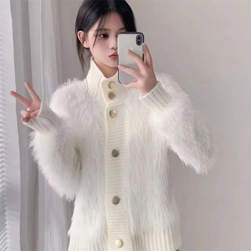 Women's Mink High Neck Sweater Casual Cardigan Autumn Spring 2024 Female New High-end Temperament Thick Loose Fur Knitted Jacket